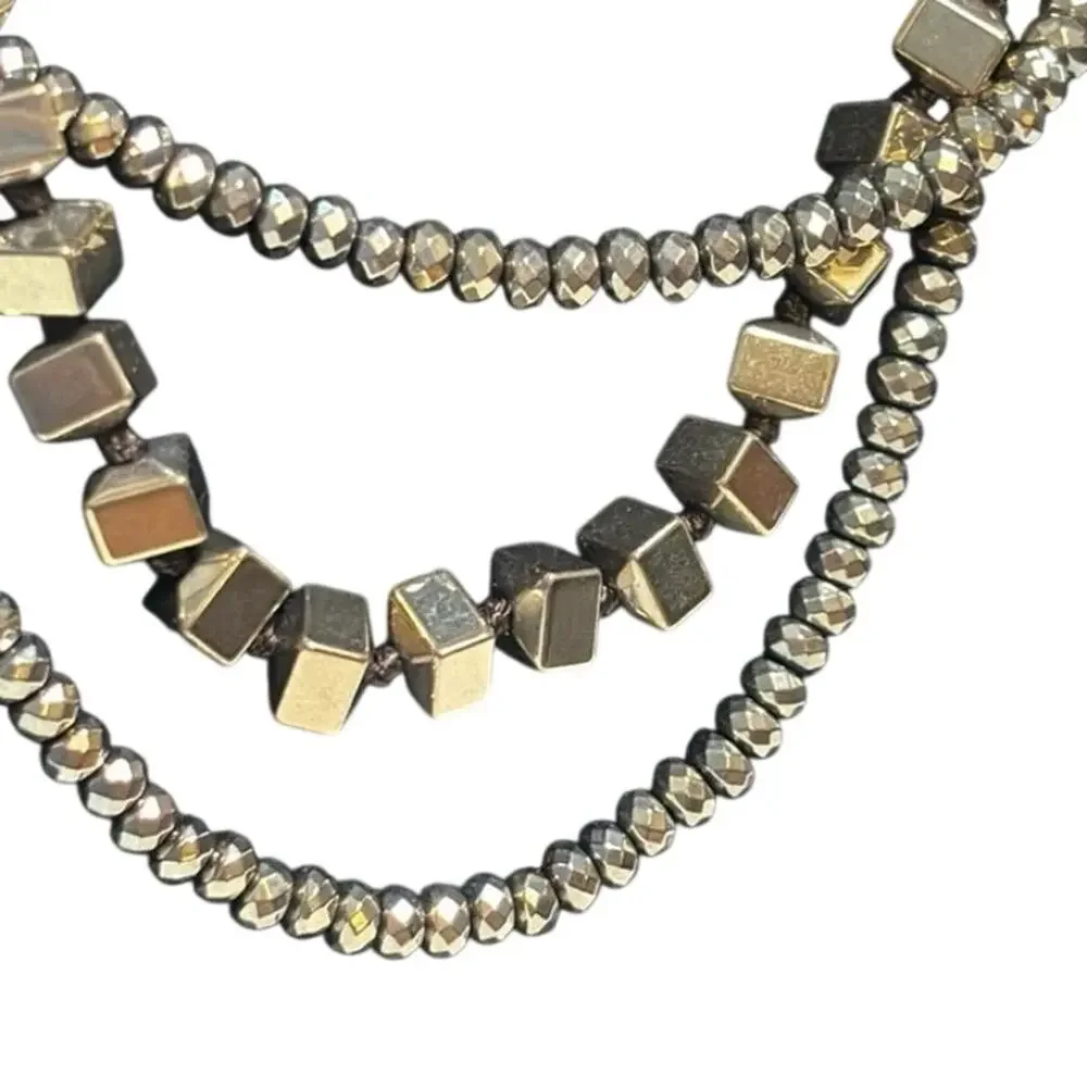 Layered Brass Tone Faceted Bead & Cube Bead Statement Necklace 17”